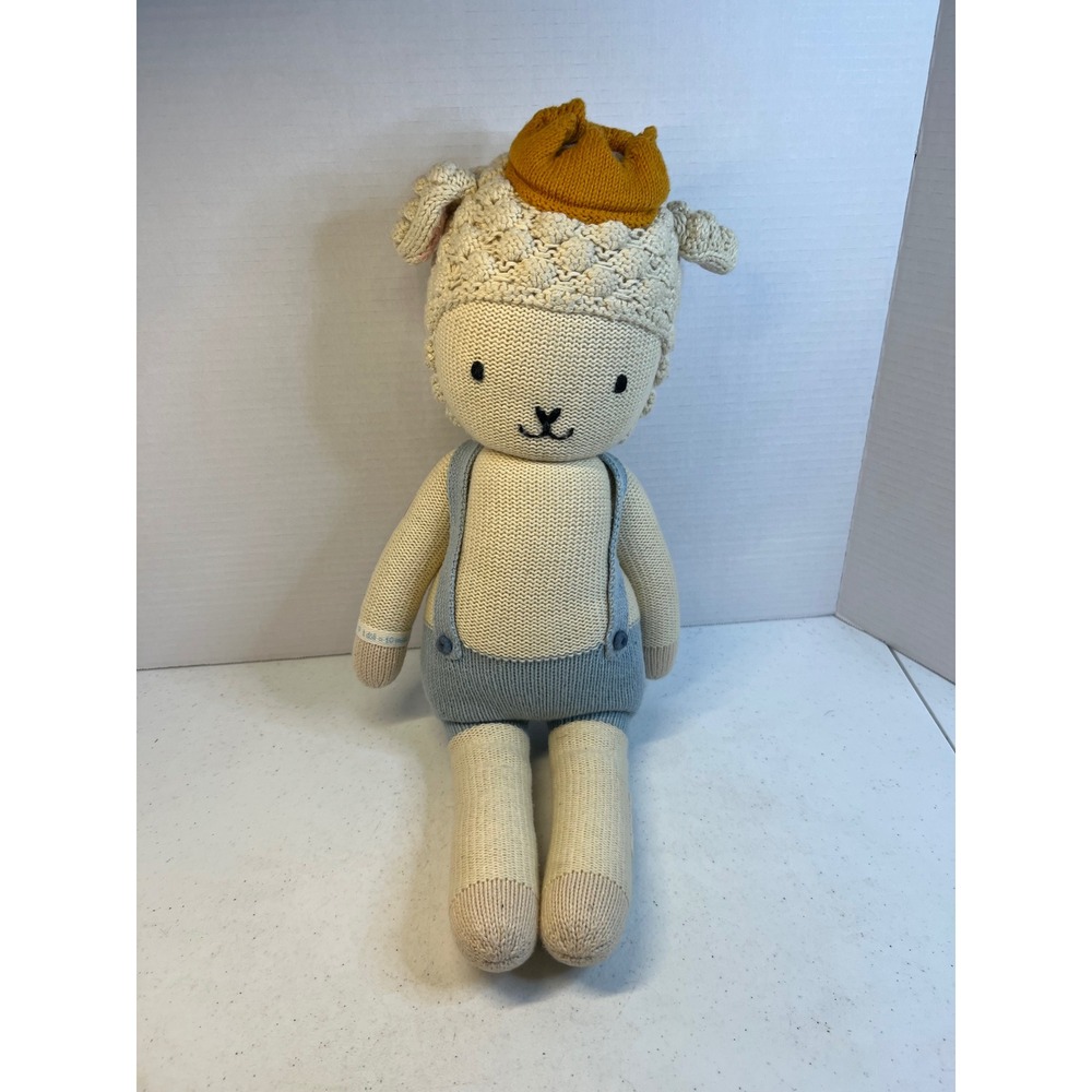 Cuddle + Kind Sebastian the Lamb Handmade Knit Doll 20 inch Cream Blue Crown